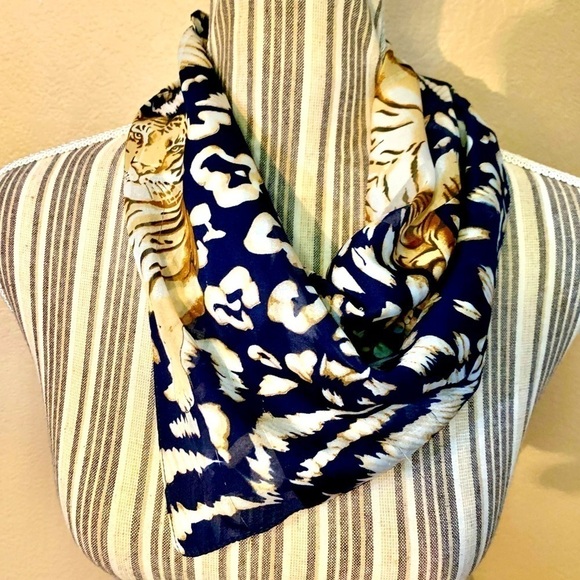 Source Unknown Accessories - Animal Print Scarf Blue Big Cats Gold Orange Tiger Leopard Cheetah Classy